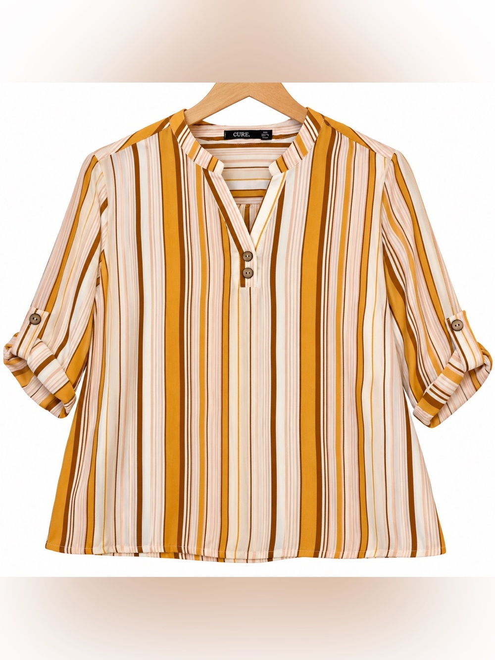 CURE Mustard Yellow Striped Split Neck Roll Tab Sleeve Blouse